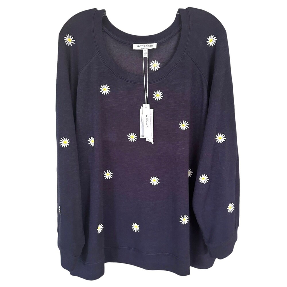 Workshop Women's Daisy Embroidered Top Long Sleeve Plus Size 3X Dark Navy